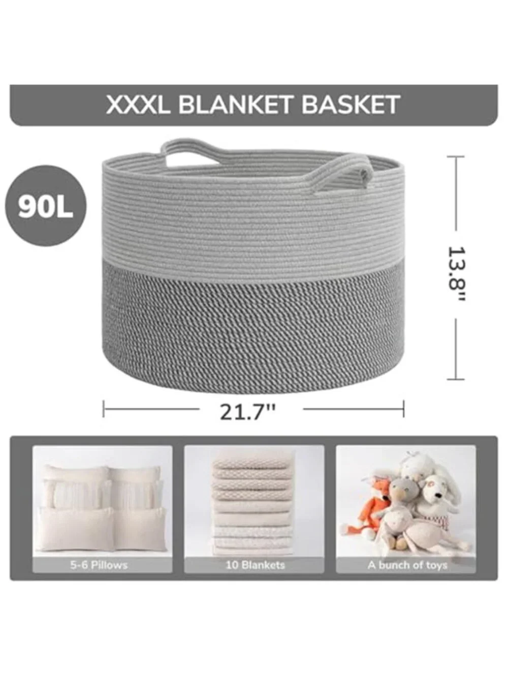 New XXXLarge Woven Rope Blanket Basket Living Room Grey, 90L